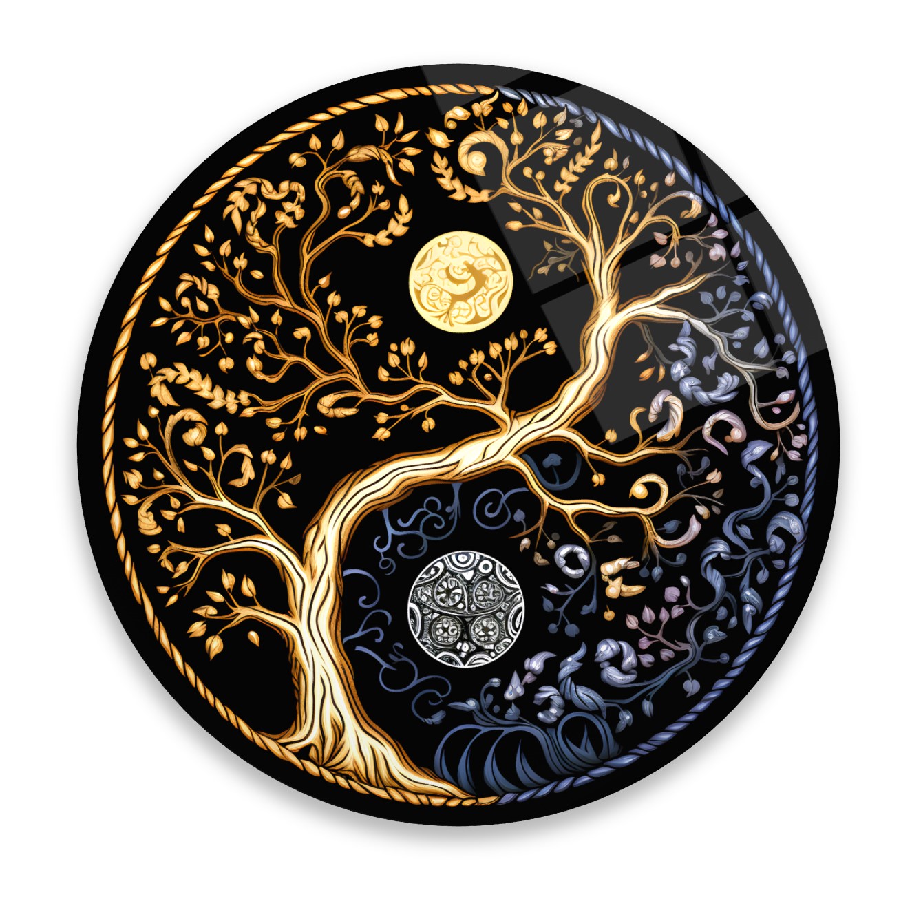 Yin Yang Hayat Ağacı Temalı Yuvarlak Cam Tablo