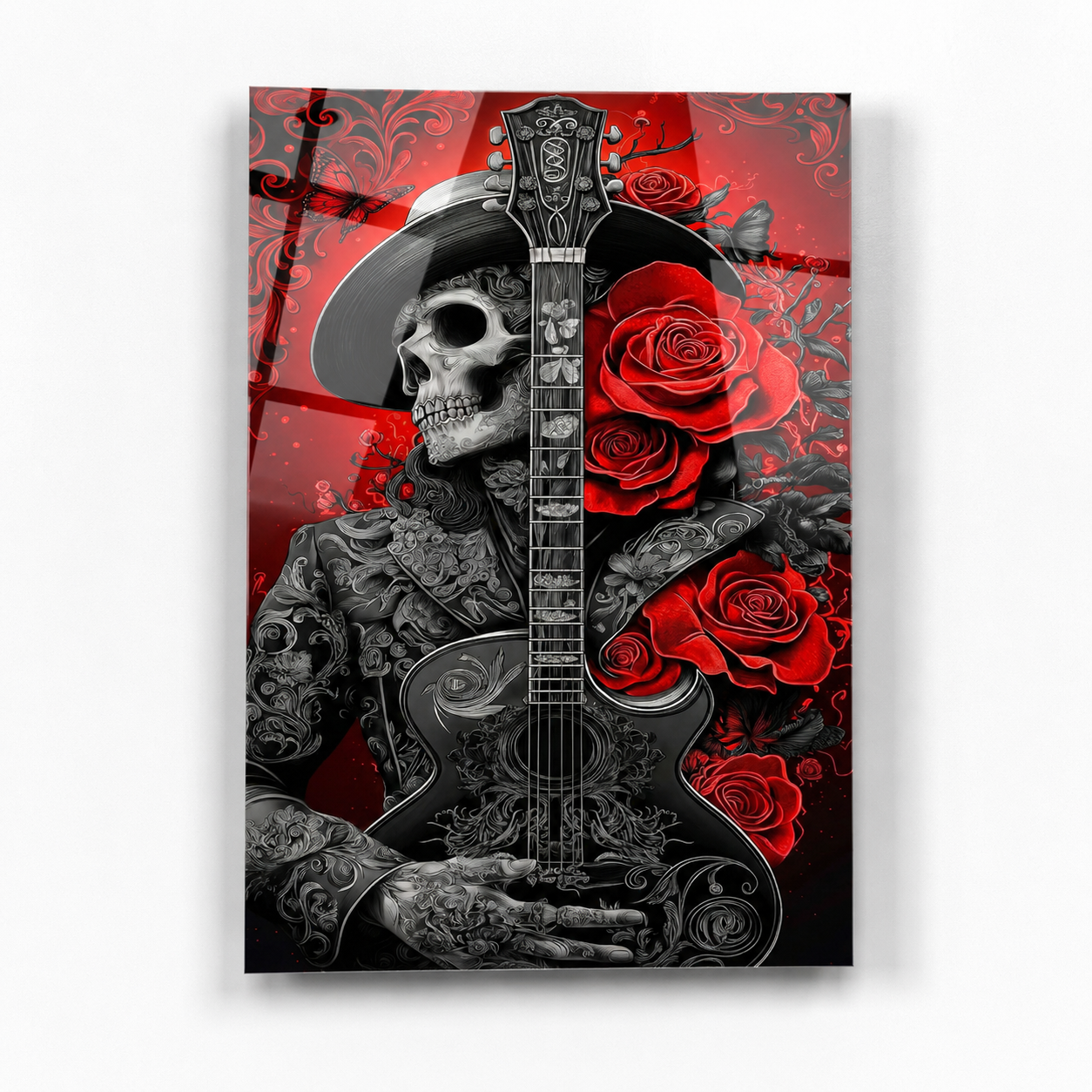Gotik Romantizm: Gitar Çalan İskelet ve Kırmızı Güller Dikey Cam Tablo