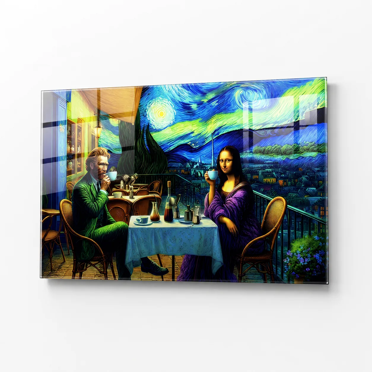 Van Gogh ve Mona Lisa Kahve Keyfi Dikey Cam Tablo