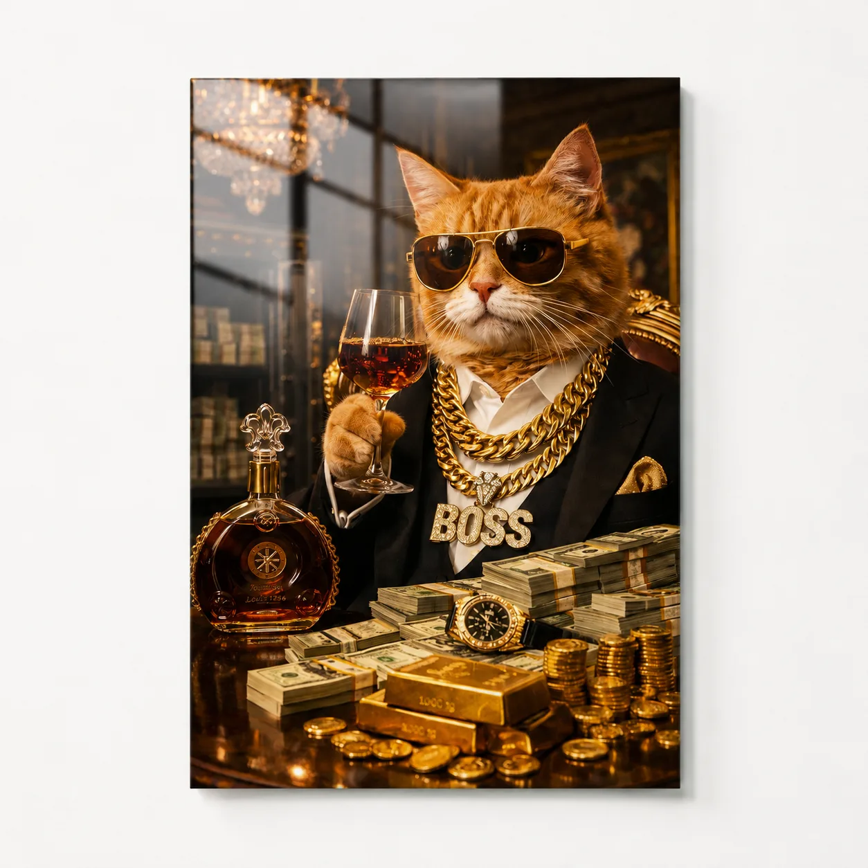 Lüks Boss Kedi 'Altın Hükümdar' Dikey Cam Tablo