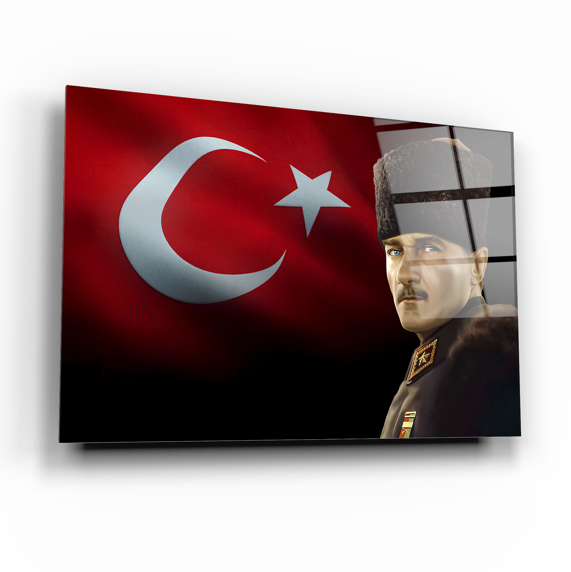 Atatürk ve Şanlı Türk Bayrağı Temalı Yatay Cam Tablo