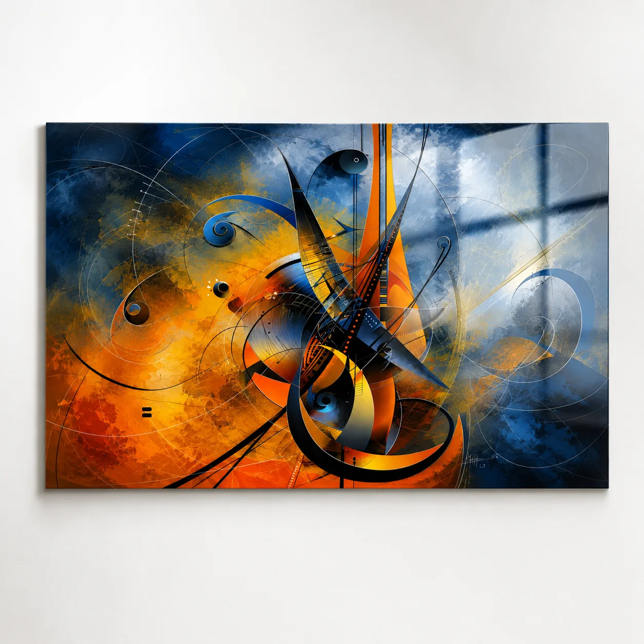 Mavi ve Turuncunun Dansı Soyut Sanat Dikey Cam Tablo