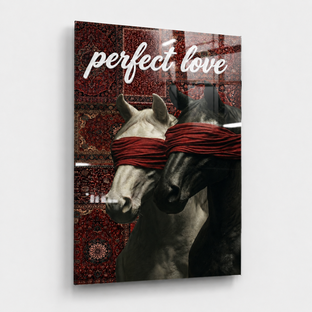 Perfect Love Temalı Kırmızı Halı Desenli Atlar Cam Tablo