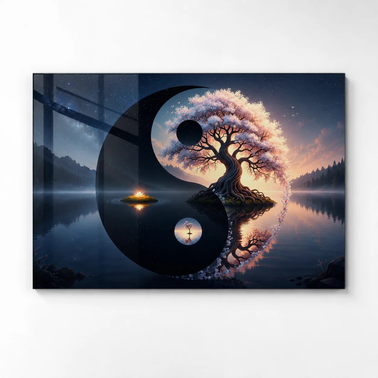 Yin Yang Hayat Ağacı ve Lotus Temalı Yatay Cam Tablo