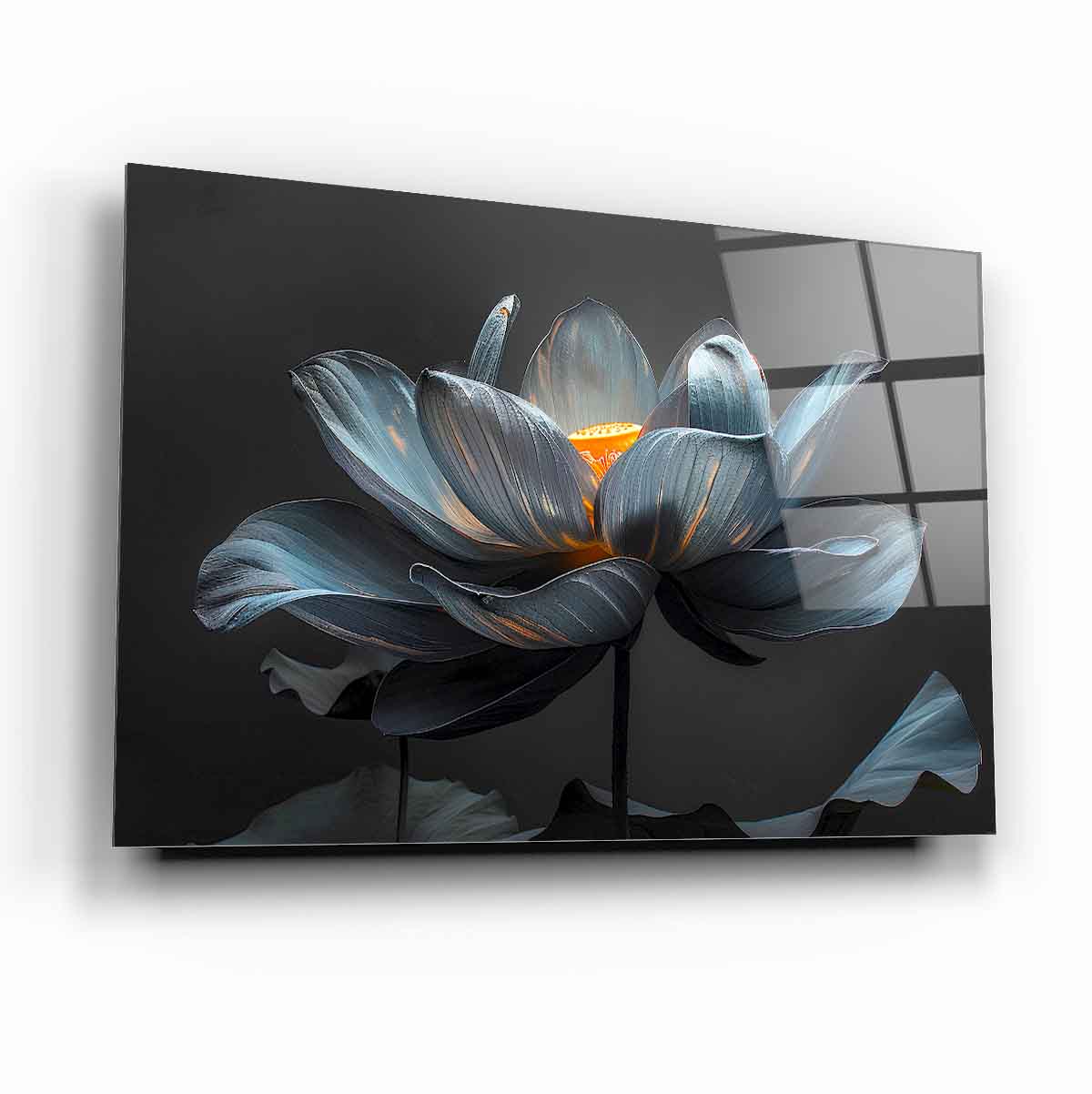 Buz Mavisi ve Altın Dokunuşlu İhtişamlı Lotus Çiçeği Yatay Cam Tablo