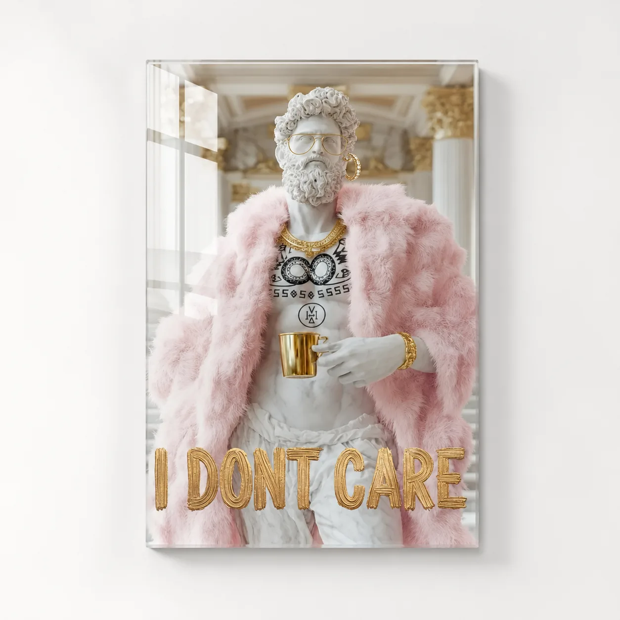 Pink Fur ve Gold Detaylı 'I Don't Care' Modern Sanat Cam Tablosu