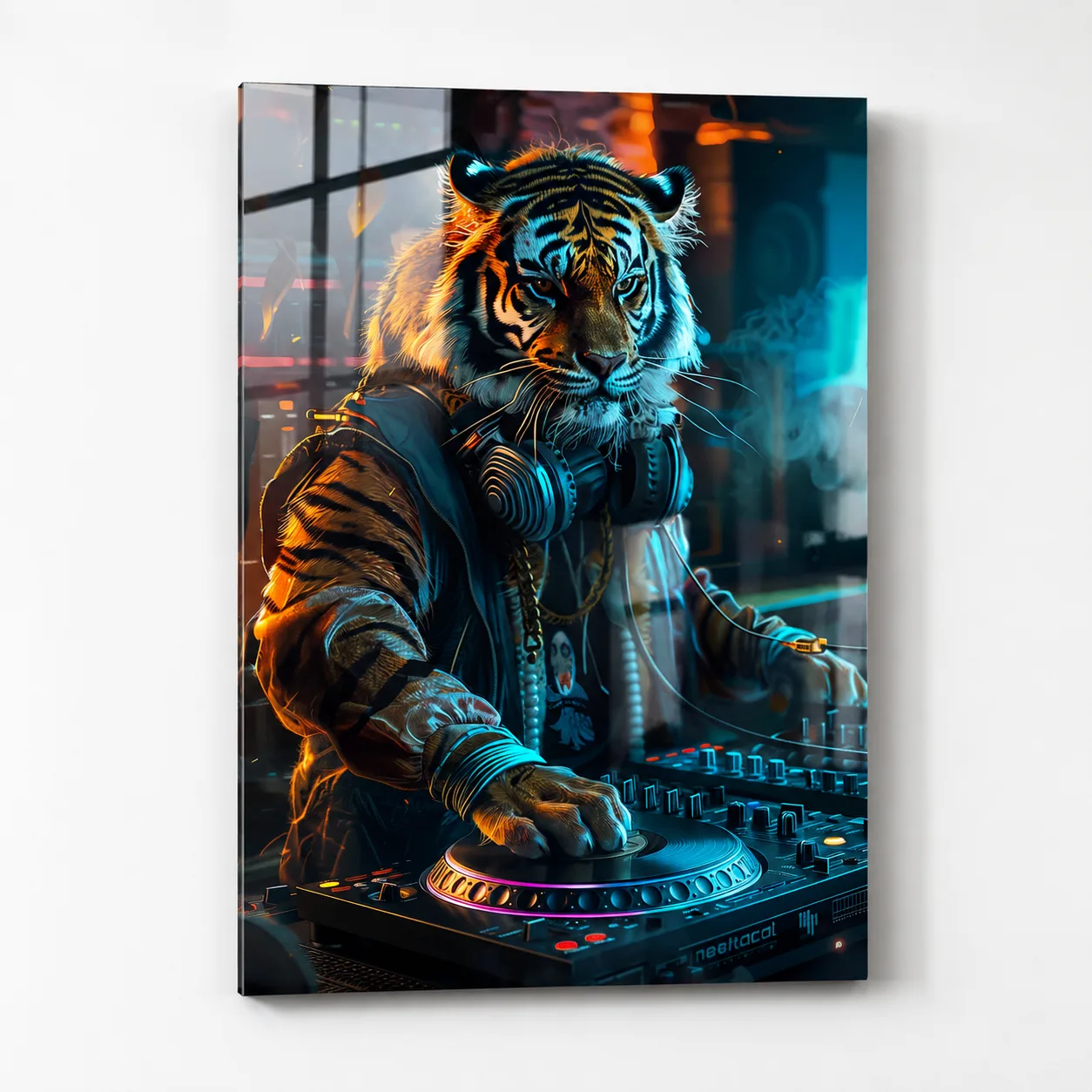 DJ Kaplan: Neon Işıklar Altında Müzik Şöleni Dikey Cam Tablo