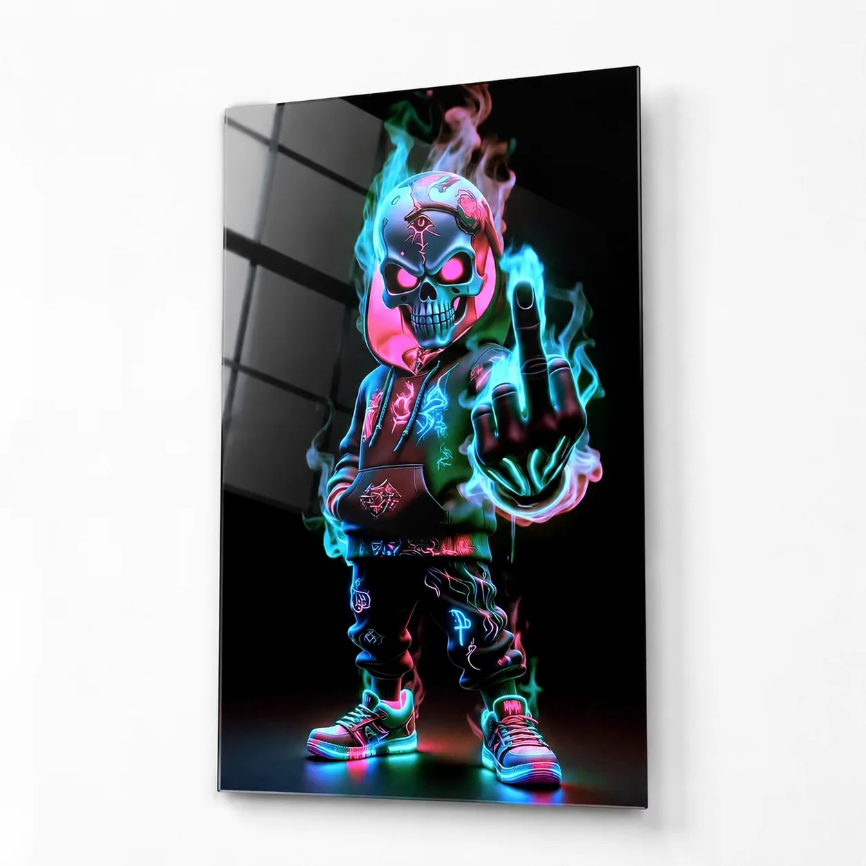 Neon Ateşli Skull Karakter 'Asi Duruş' Dikey Cam Tablo