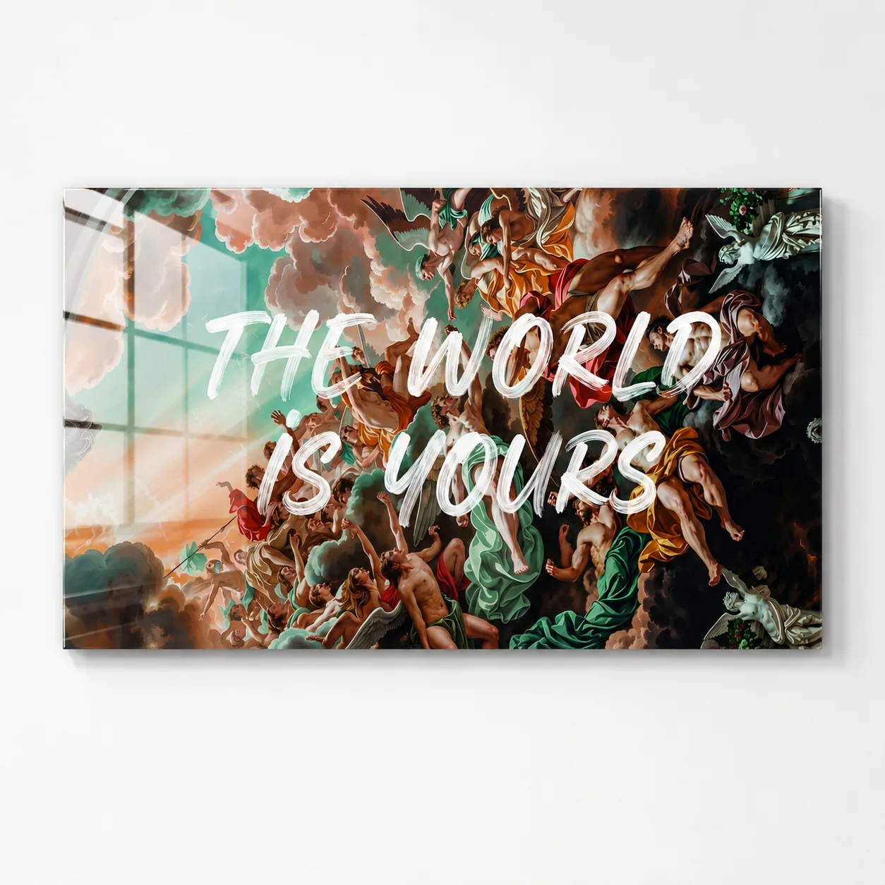 The World Is Yours Yazılı Barok Tarzı Dikey Cam Tablo