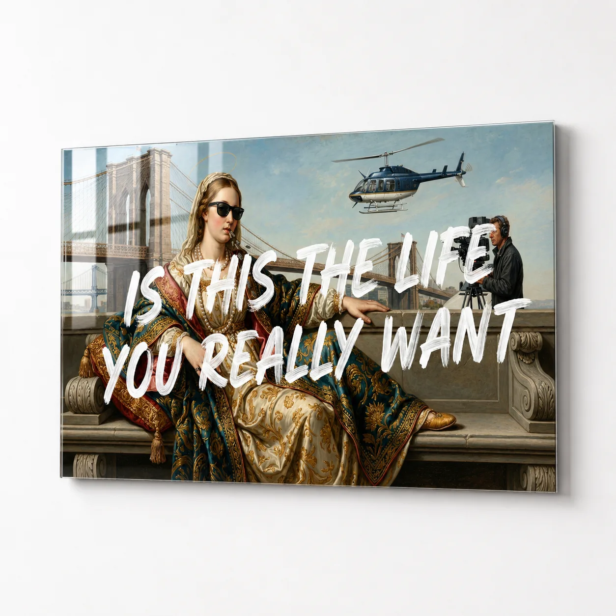 Modern Kraliçe ve Şehir Manzarası: 'Is This The Life You Really Want?' Dikey Cam Tablo