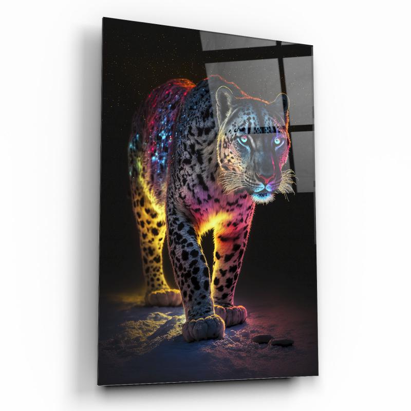 Galaksi Leopar: Neon Renklerin Büyüsü Dikey Cam Tablo