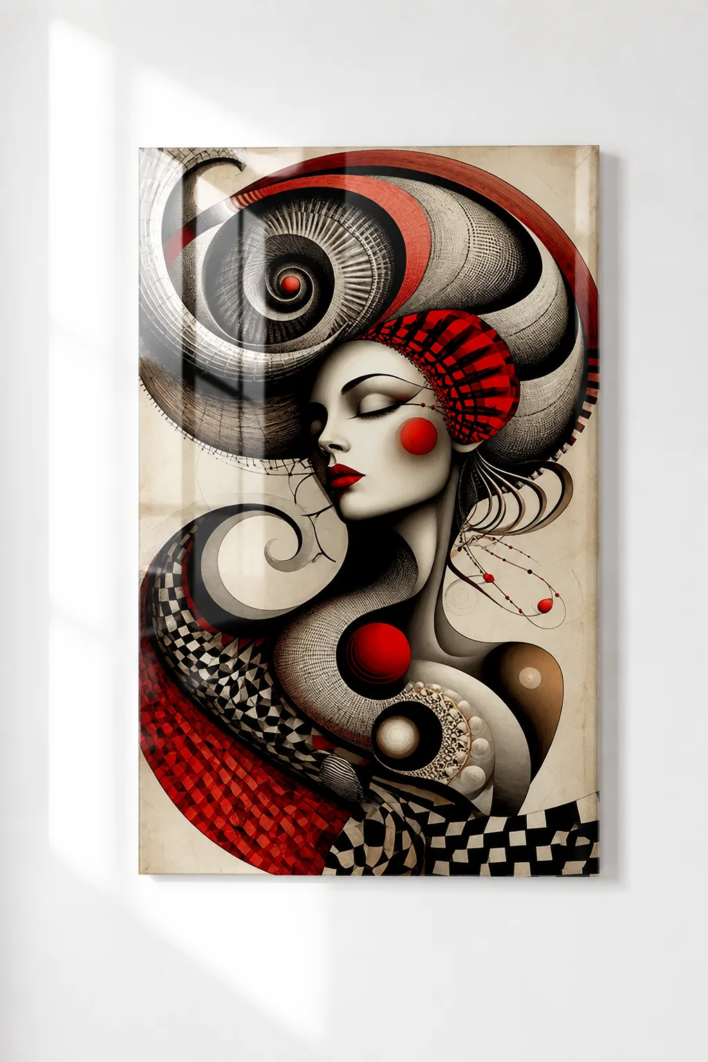 Gizemli Kadın ve Spiral Desenler Dikey Cam Tablo