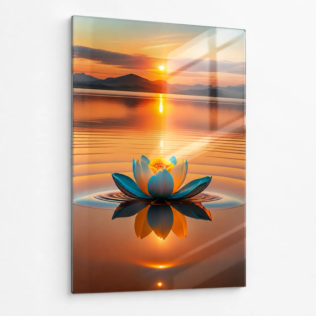 Gün Batımında Lotus Zarafeti Dikey Cam Tablo