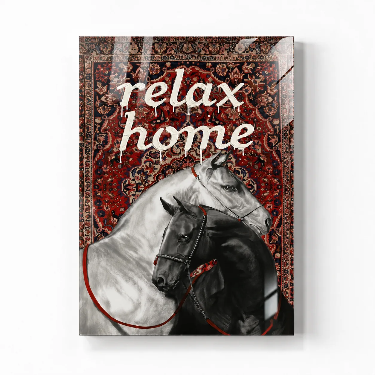 Relax Home Atlar ve Otantik Halı Desenli Dikey Cam Tablo