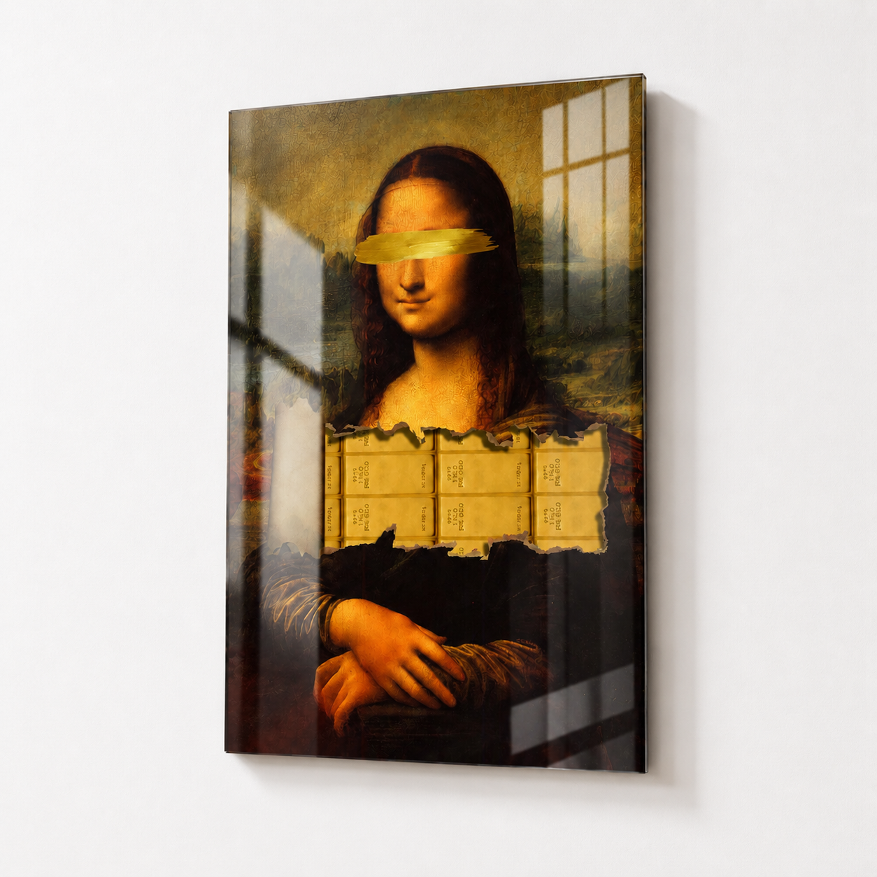 Modern Sanat Dokunuşuyla Mona Lisa ve Altın Detaylar Dikey Cam Tablo