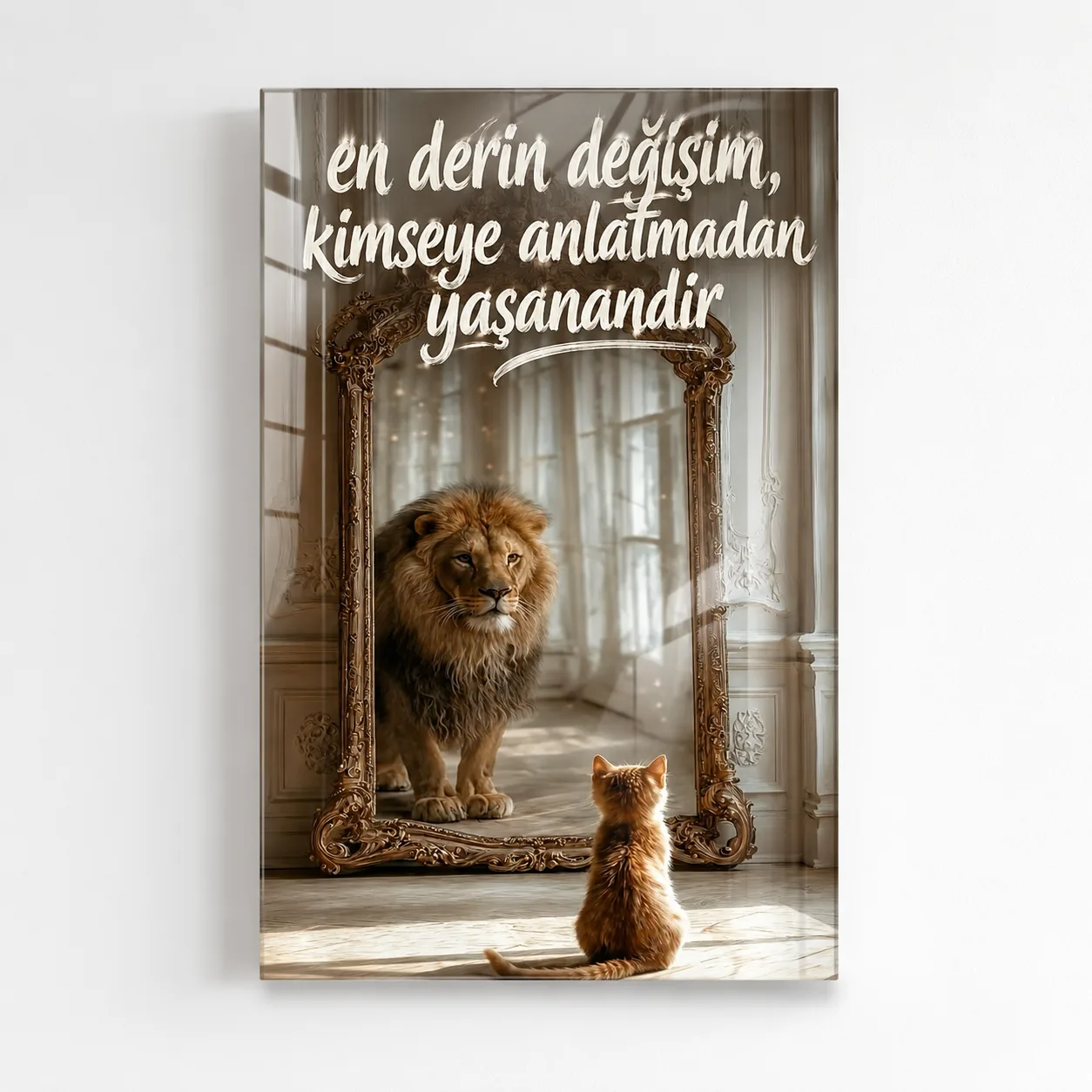 En Derin Değişim: Aslan ve Kedi İlham Veren Dikey Cam Tablo