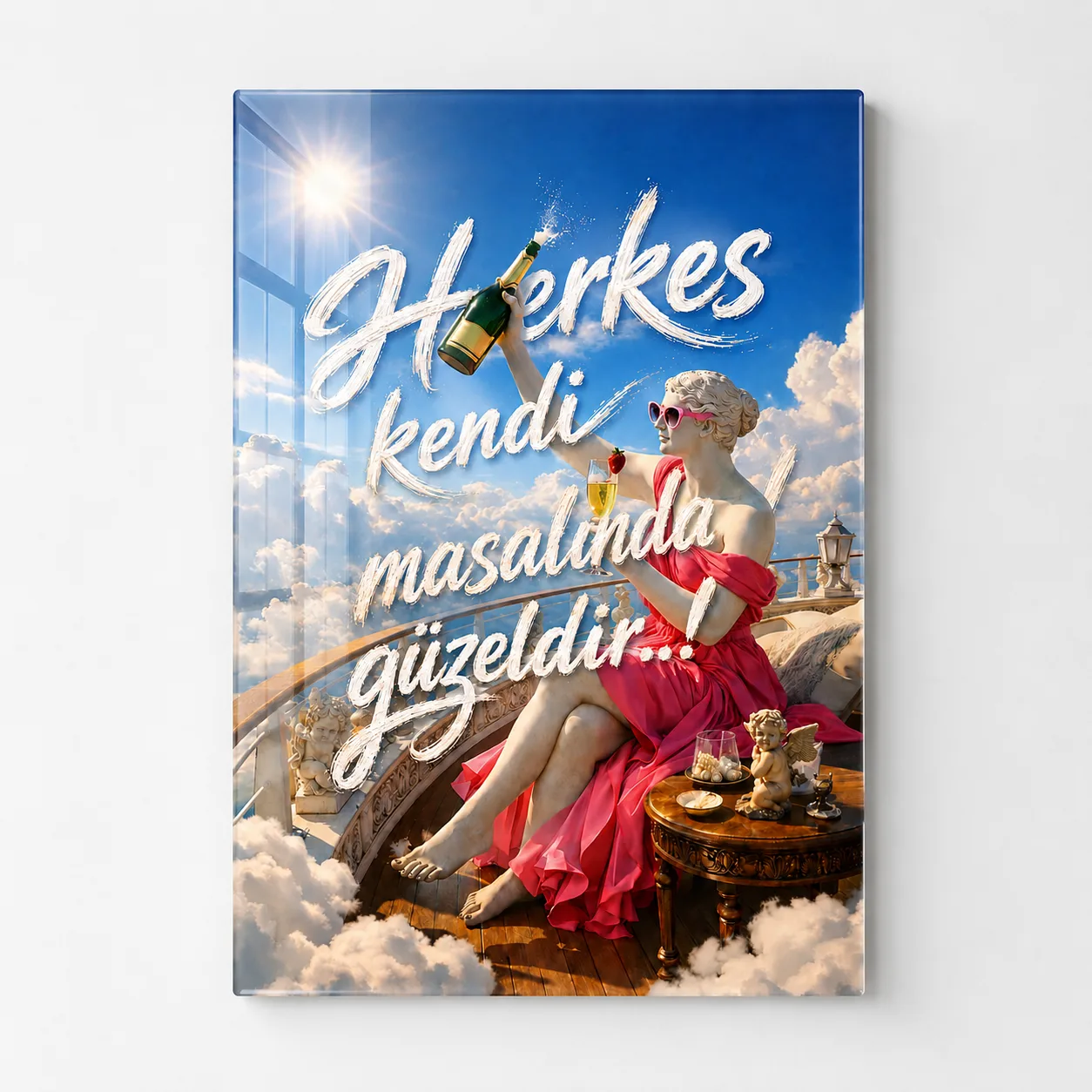 Masal Gibi Bir Hayat: Şampanya ve Bulutlar Dikey Cam Tablo