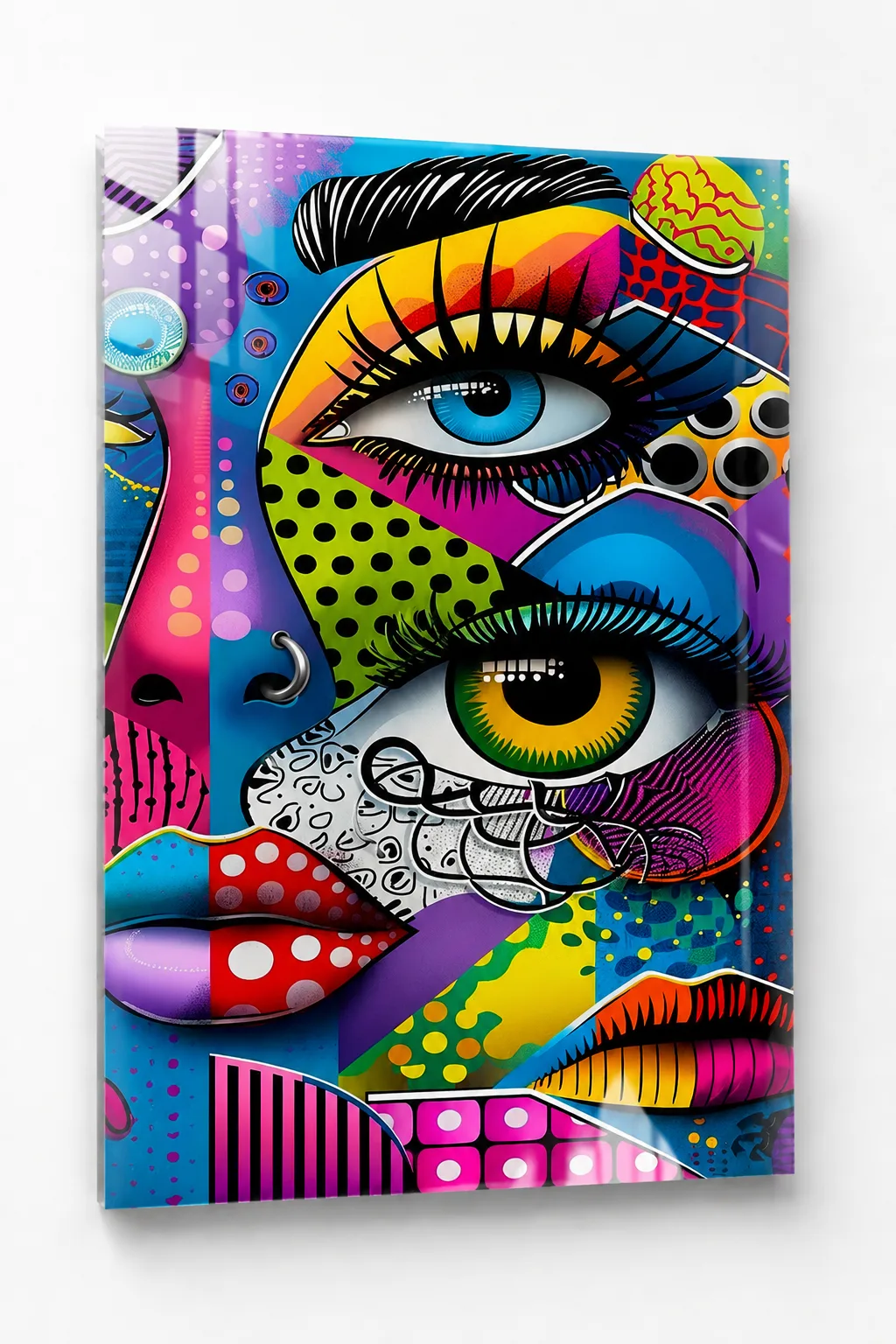 Pop Art Rüyası: Rengarenk Yüzler Dikey Cam Tablo