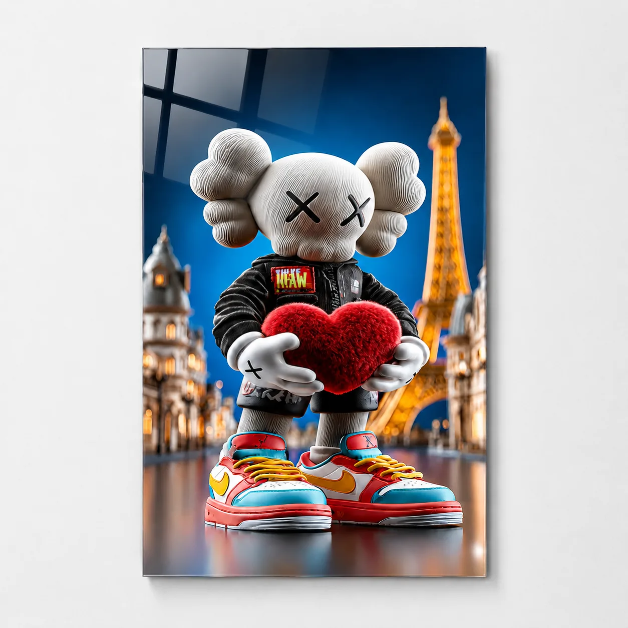 Paris Aşığı KAWS ve Kırmızı Kalp Dikey Cam Tablo
