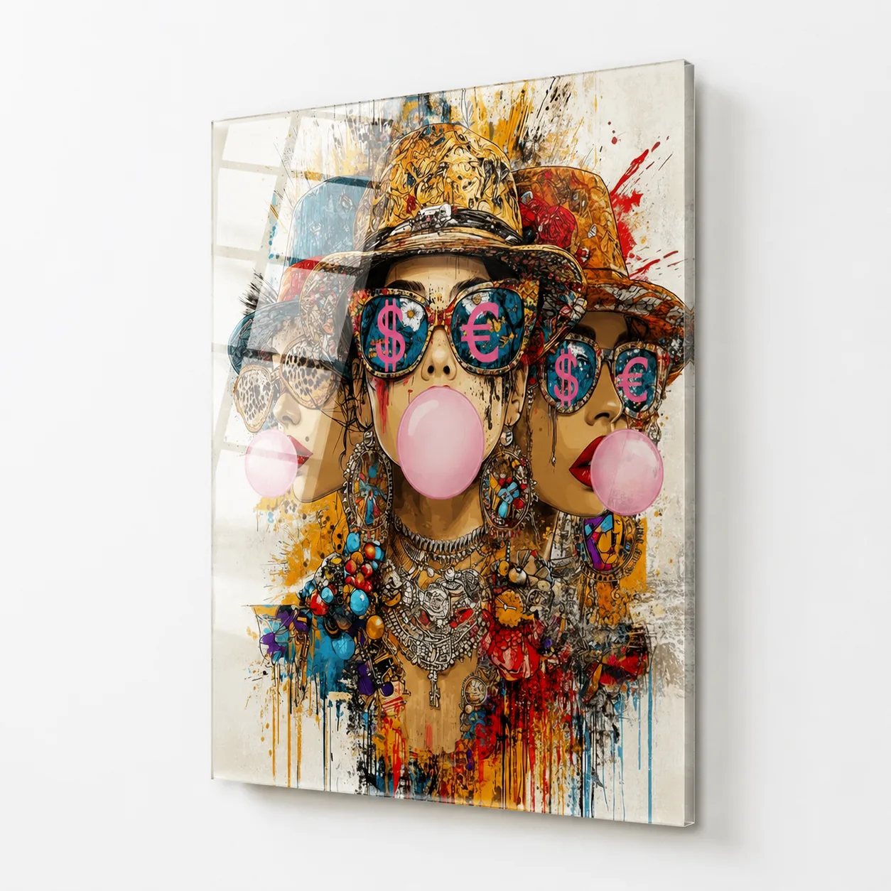 Pop Art Ruhu: Sakiz Cigneyen Modern Kadınlar Dikey Cam Tablo