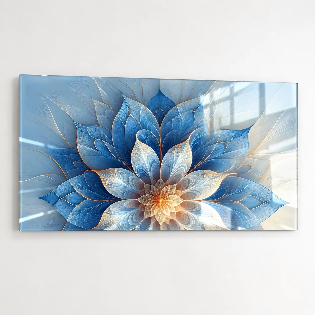 Mavi ve Altın Tonlarında Fraktal Lotus Çiçeği Cam Tablo