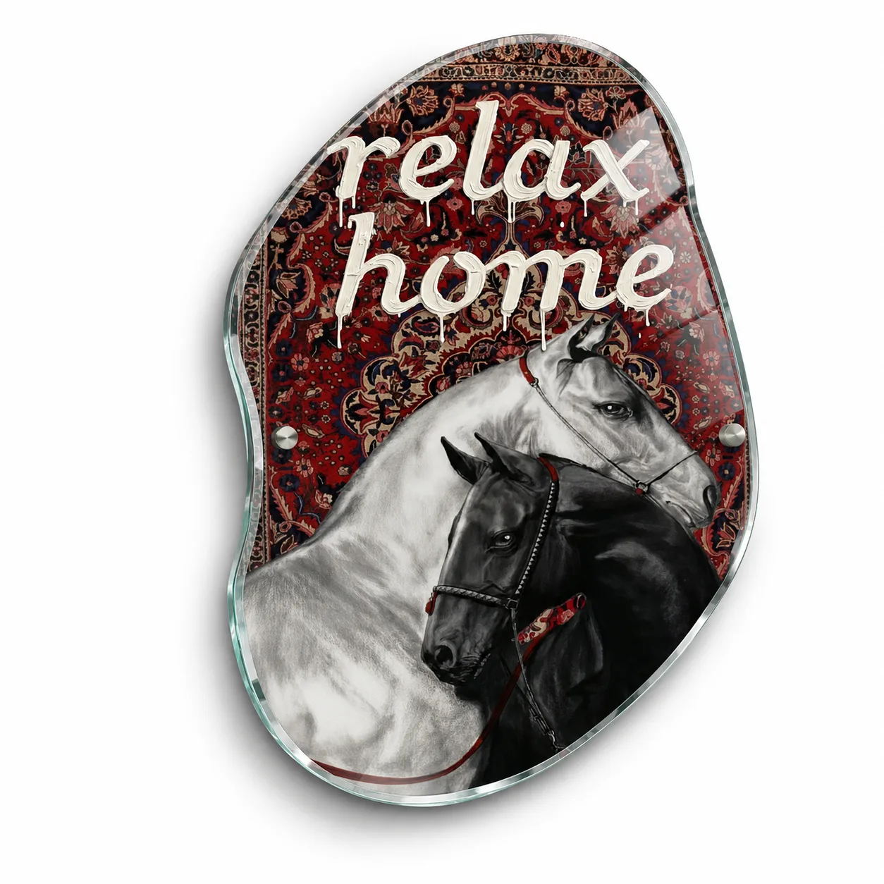 Relax Home Atlar ve Otantik Hal Desenli Oval Cam Tablo