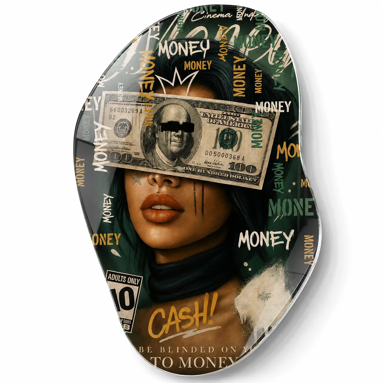 Money Blinds: Modern Sanat ve Zenginlik Temalı Oval Cam Tablo