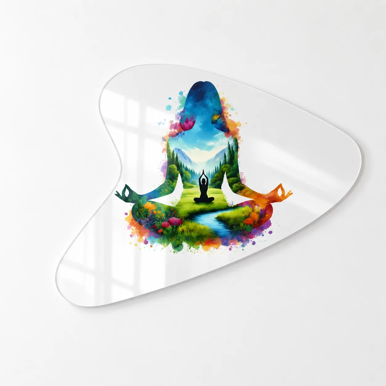 Meditasyon Yapan Kadın Silüeti Mekik Form Cam Tablo