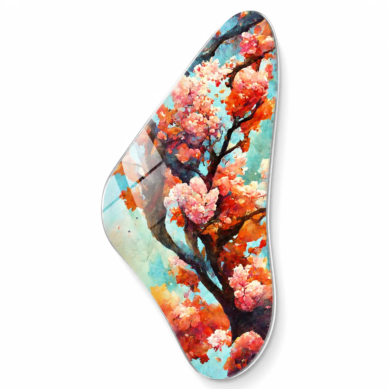Sakura Dalları Temalı Pembe Çiçekli Geometrik Cam Tablo