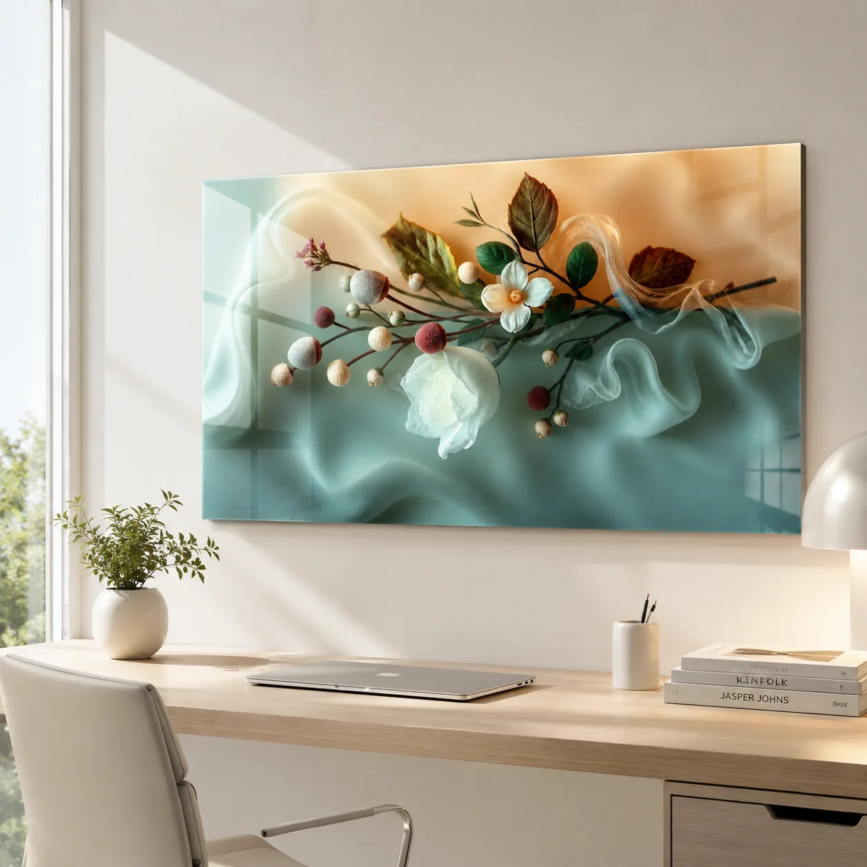 Pastel Tonlarda İpek Dokunuşlu Çiçek Buketi Cam Tablo | Yatay Cam Tablolar Ürünü