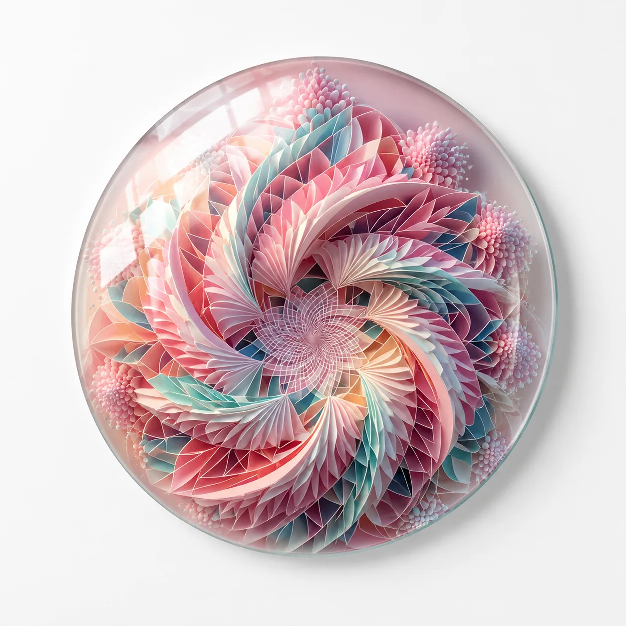 Pastel Tonlarda Fraktal Çiçek Spiral Desenli Yuvarlak Cam Tablo