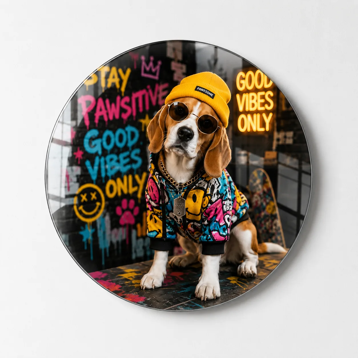 Havalı Beagle Köpek ve Graffiti Temalı Yuvarlak Cam Tablo