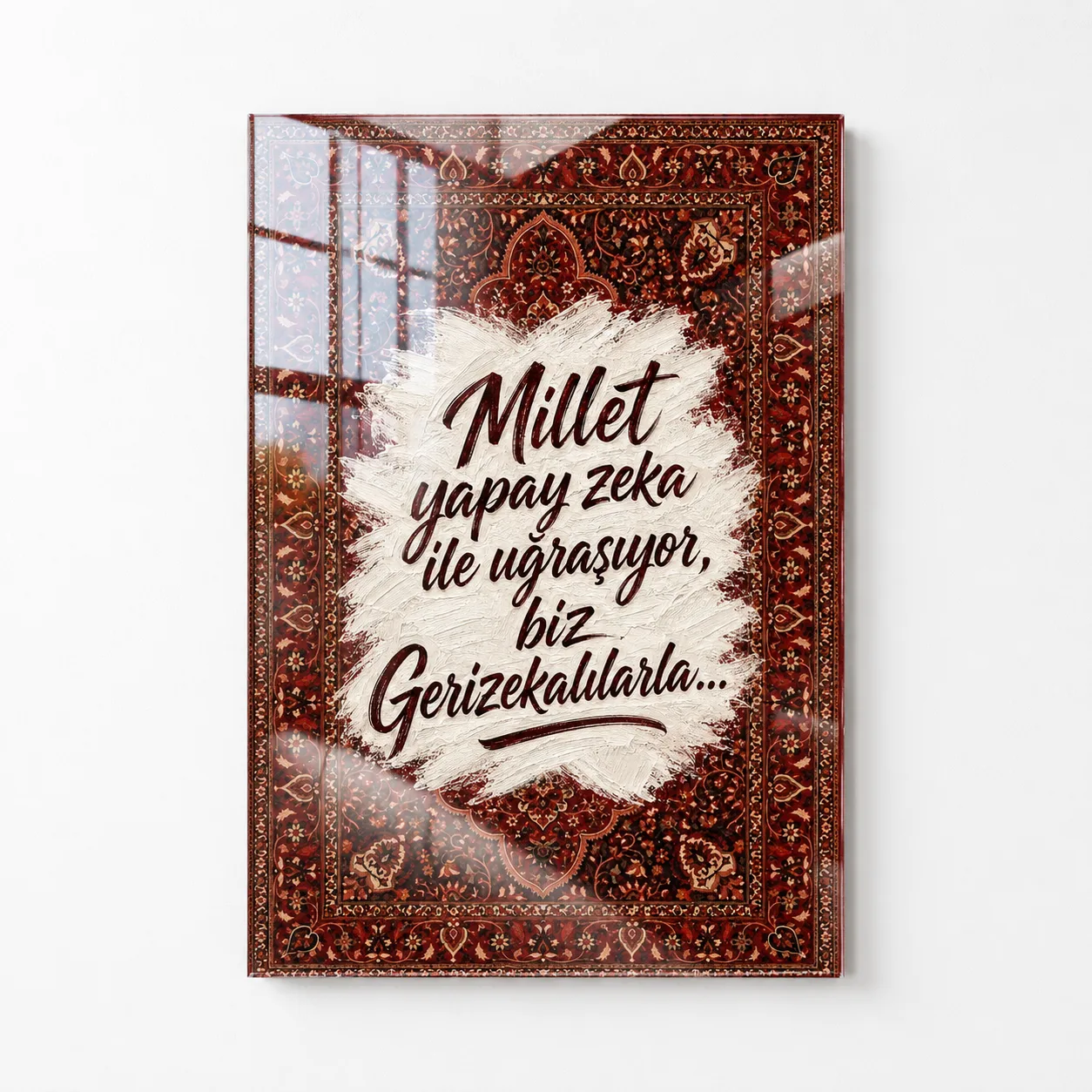Millet Yapay Zeka ile Uğraşıyor: Mizahi Halı Desenli Dikey Cam Tablo