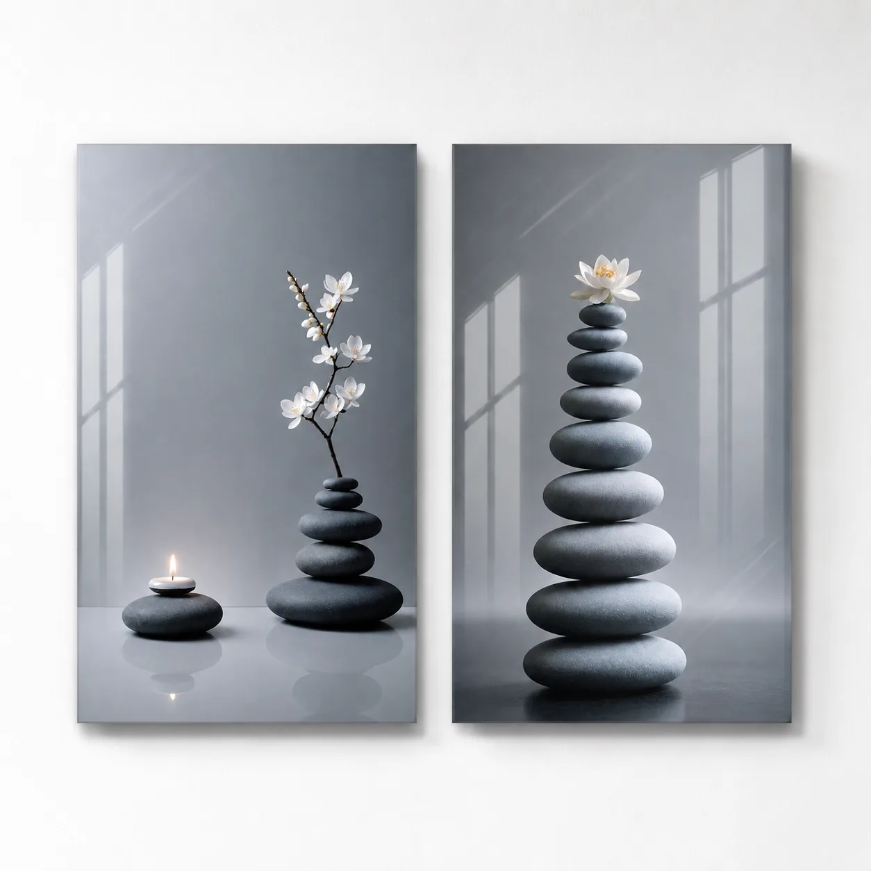 Zen Taşları ve Lotus Çiçeği İkili Cam Tablo Seti