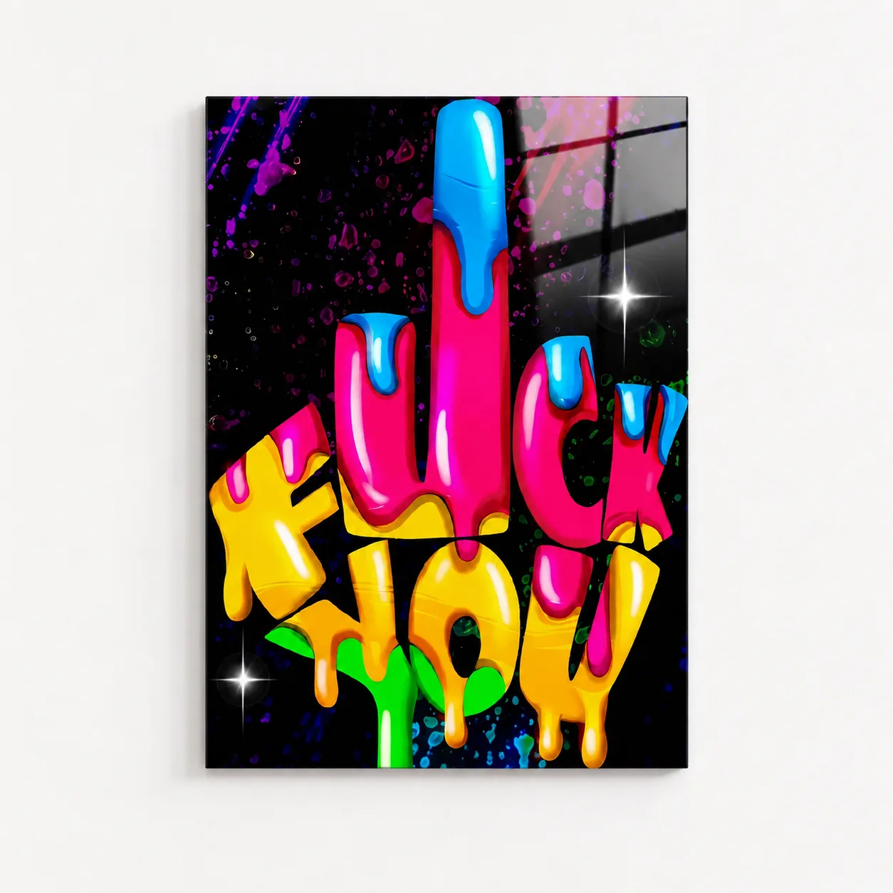 Neon Renklerde 'F*ck You' Yazılı Grafitili Dikey Cam Tablo