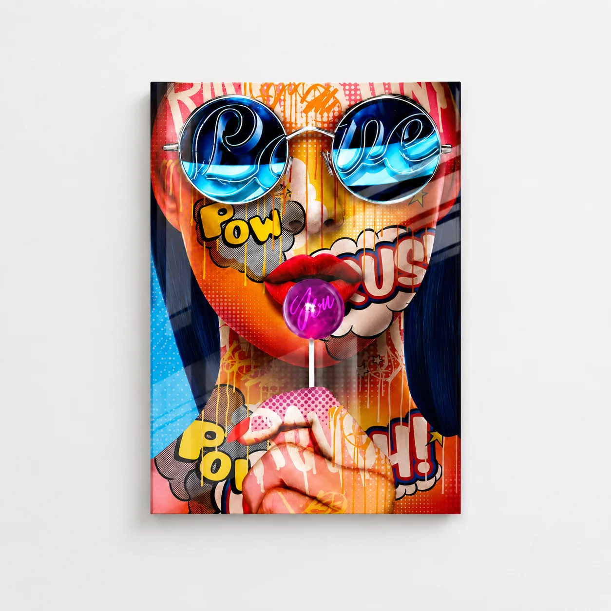 Pop Art Kadın ve Lolipop Tasarımlı Dikey Cam Tablo