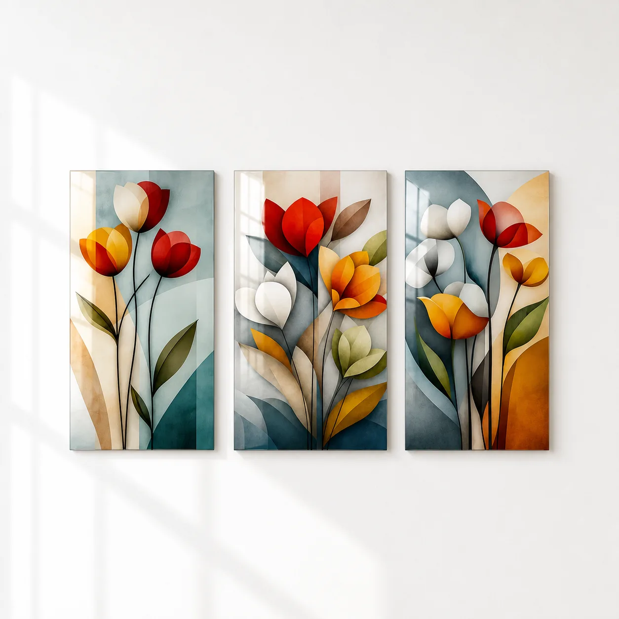 Modern Pastel Renkler Çiçek Bahçesi Üçlü Cam Tablo Seti
