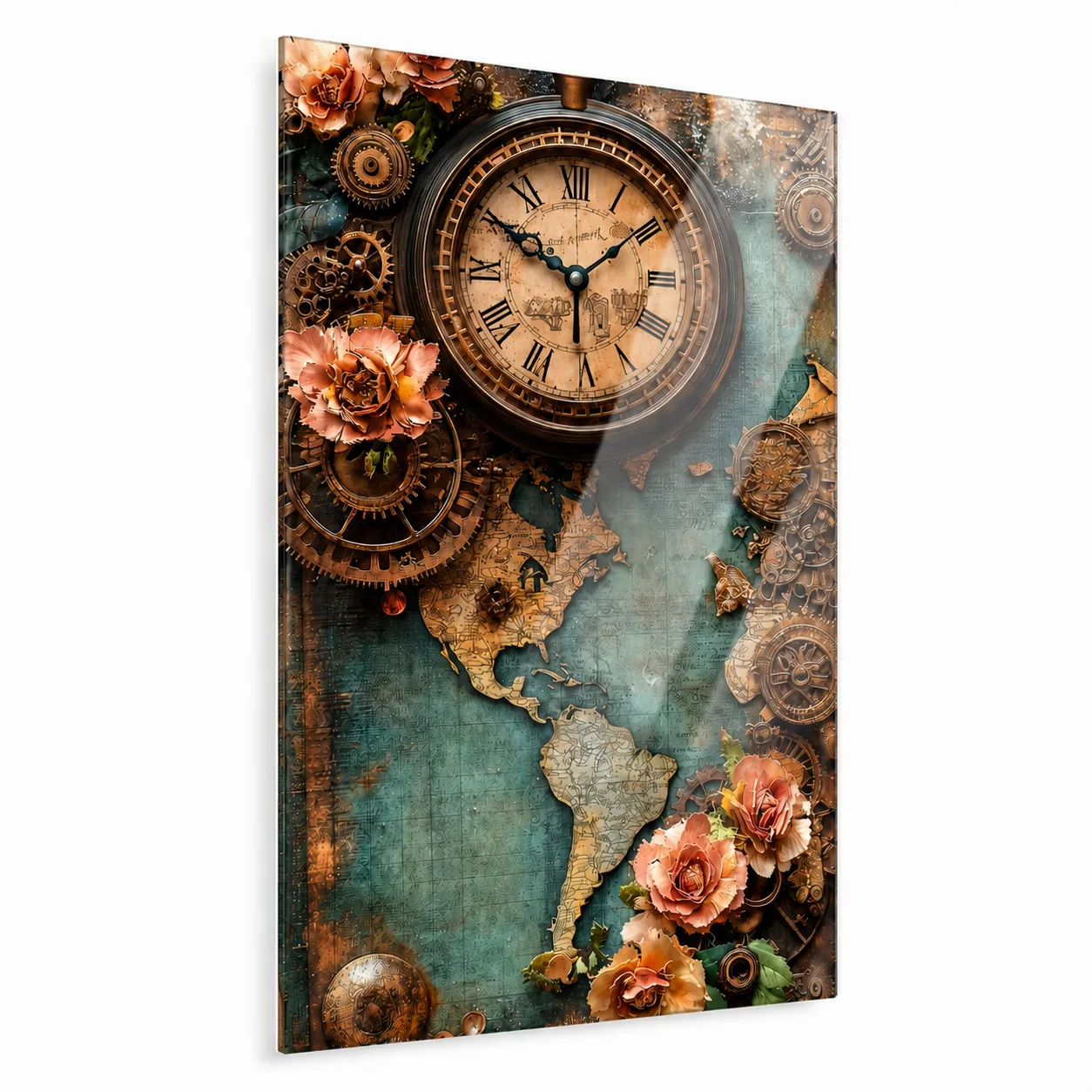 Steampunk Saat ve Dünya Haritası Temalı Dikey Cam Tablo