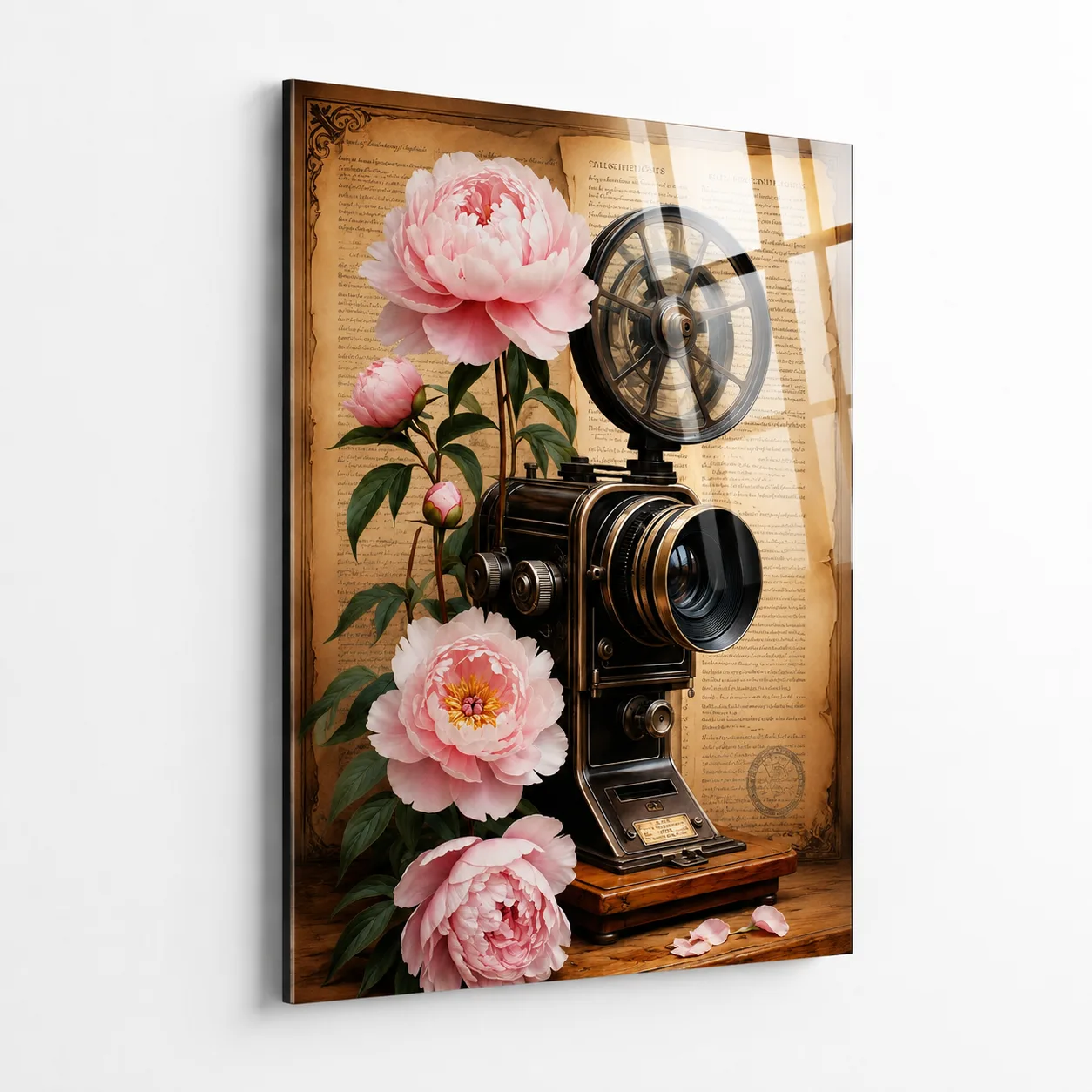 Pembe Şakayıklar ve Antik Film Kamera Temalı Dikey Cam Tablo