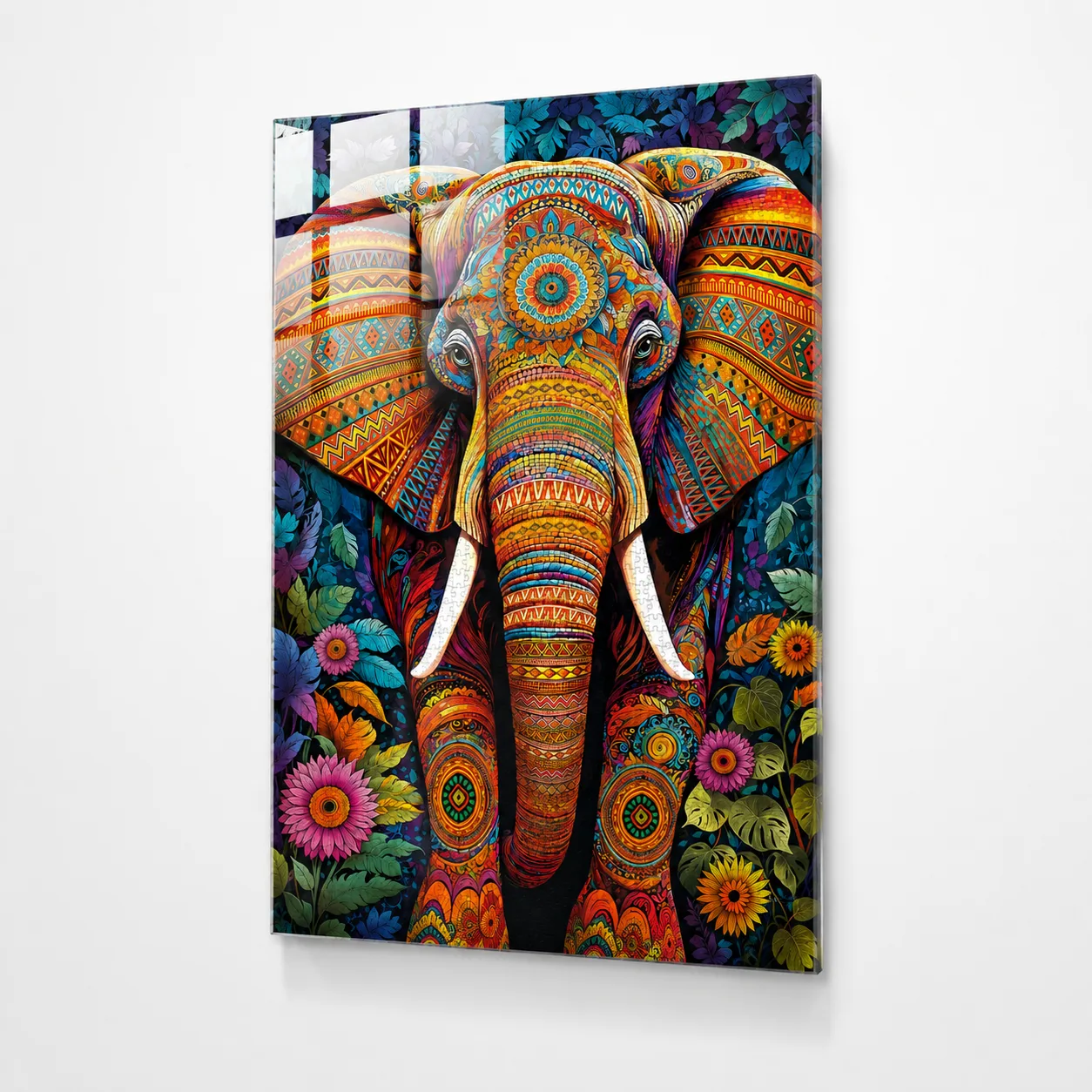 Mandala Desenli Canlı Renklerde Fil Temalı Sanatsal Dikey Cam Tablo