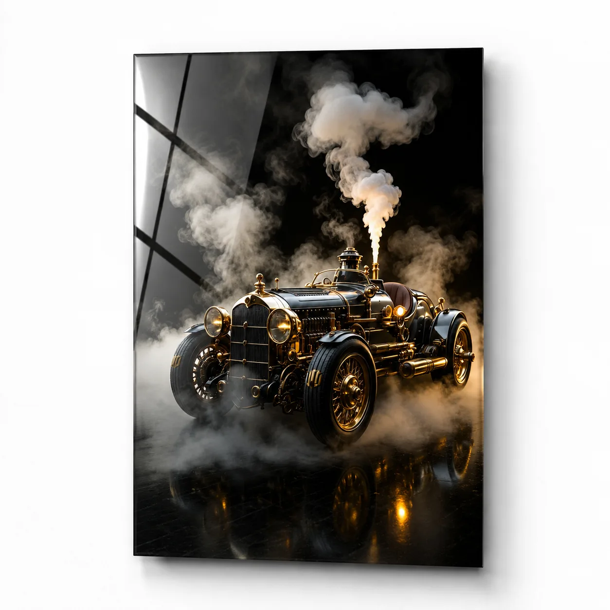 Steampunk Buharlı Klasik Araba Temalı Sanatsal Dikey Cam Tablo