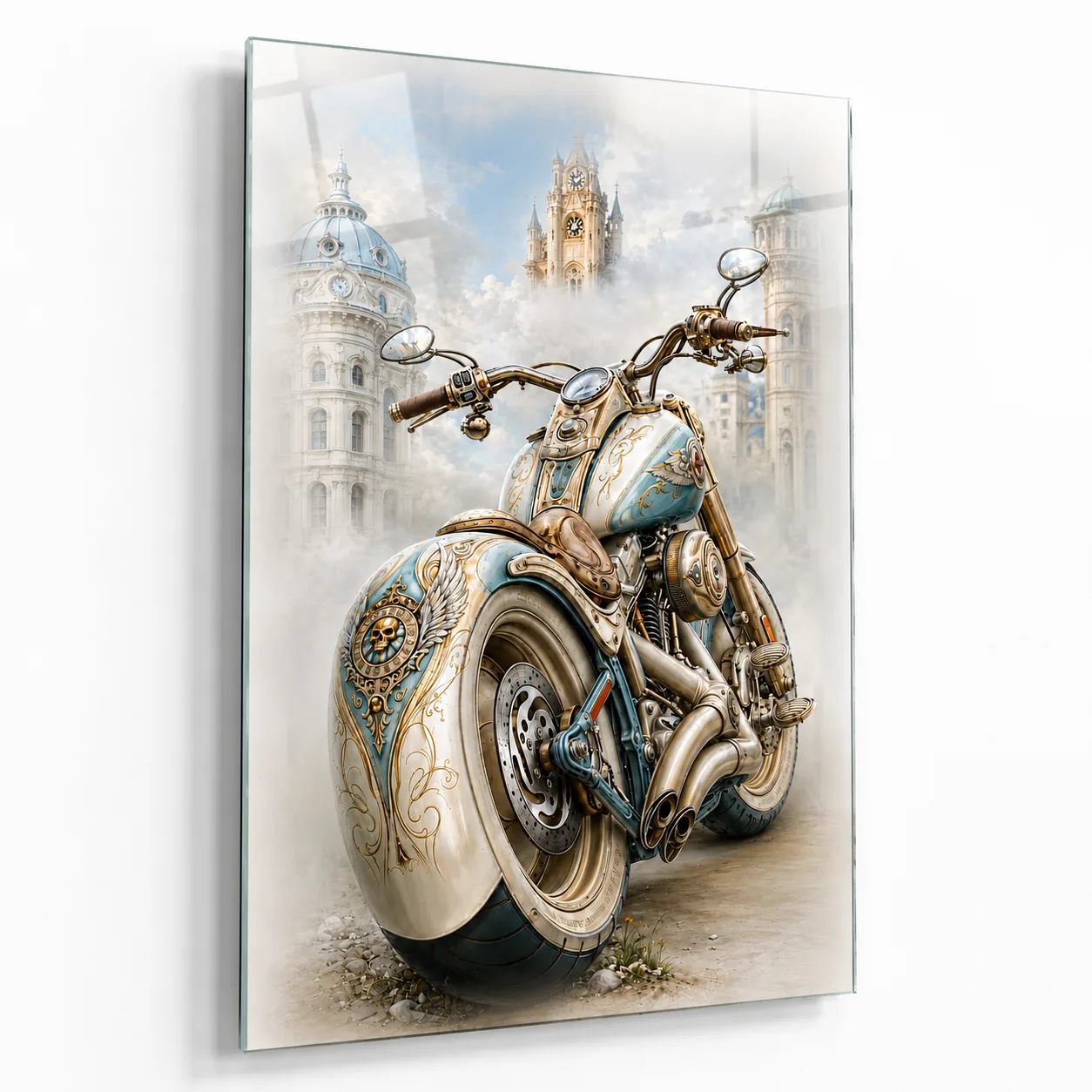 Steampunk Motosiklet ve Fantastik Şehir Manzarası Temalı Sanatsal Dikey Cam Tablo
