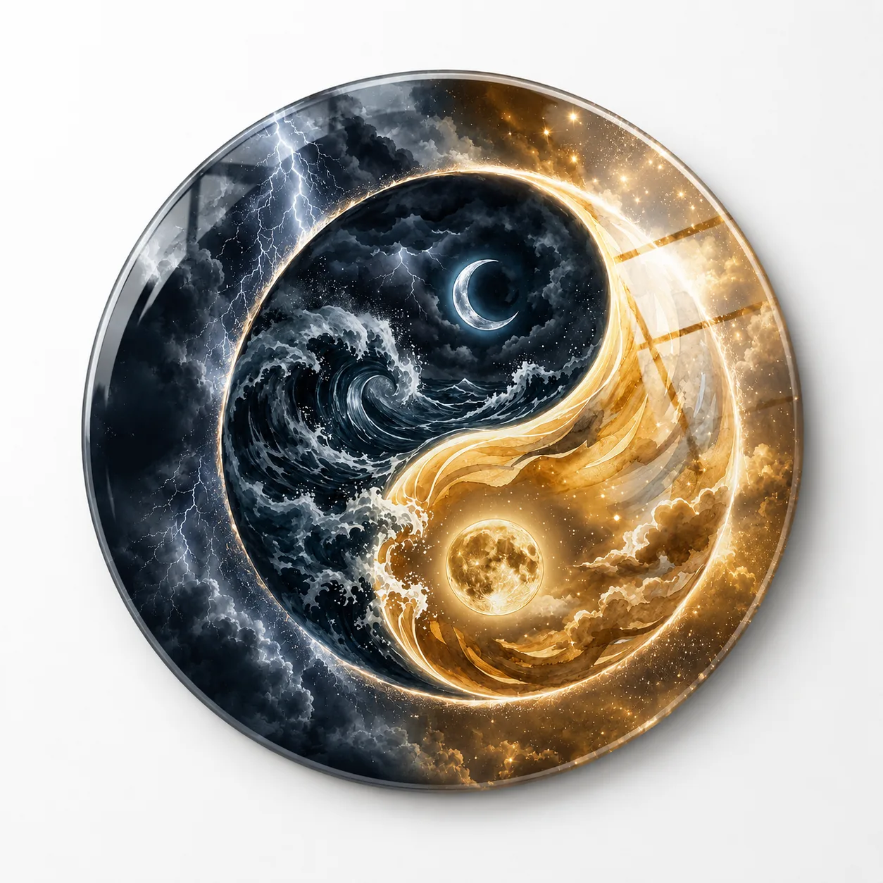 Yin Yang Gece ve Gündüz Temalı Büyüleyici Yuvarlak Cam Tablo