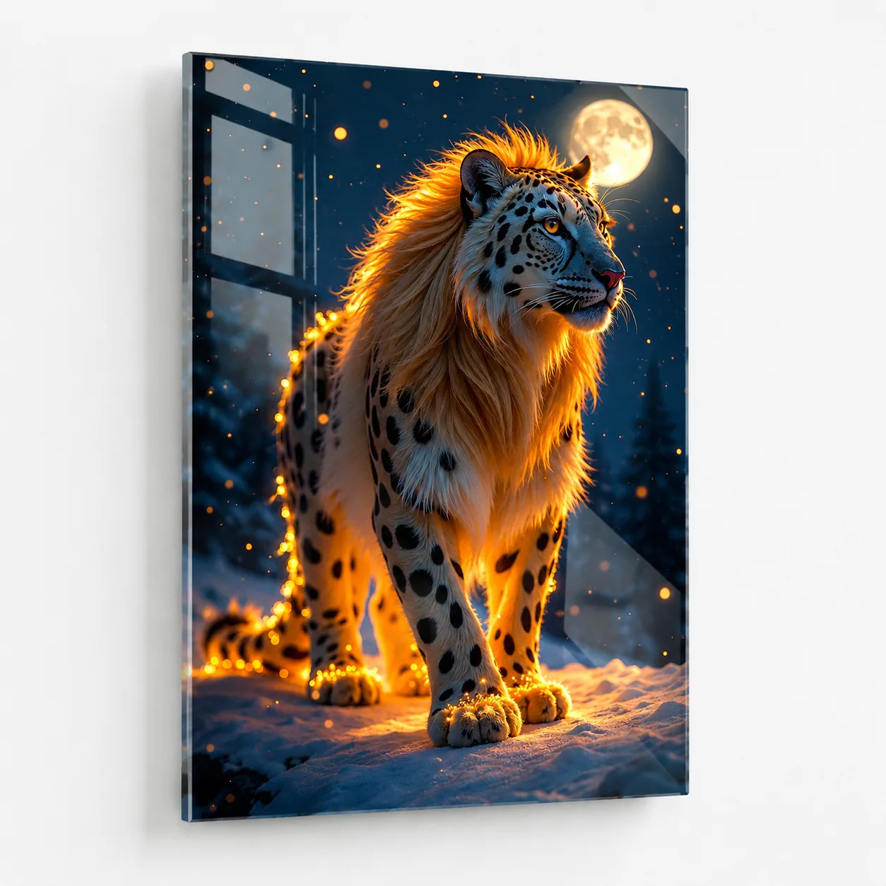 Büyülü Kış Gecesi Leoparı Temalı Işıltılı Dikey Cam Tablo