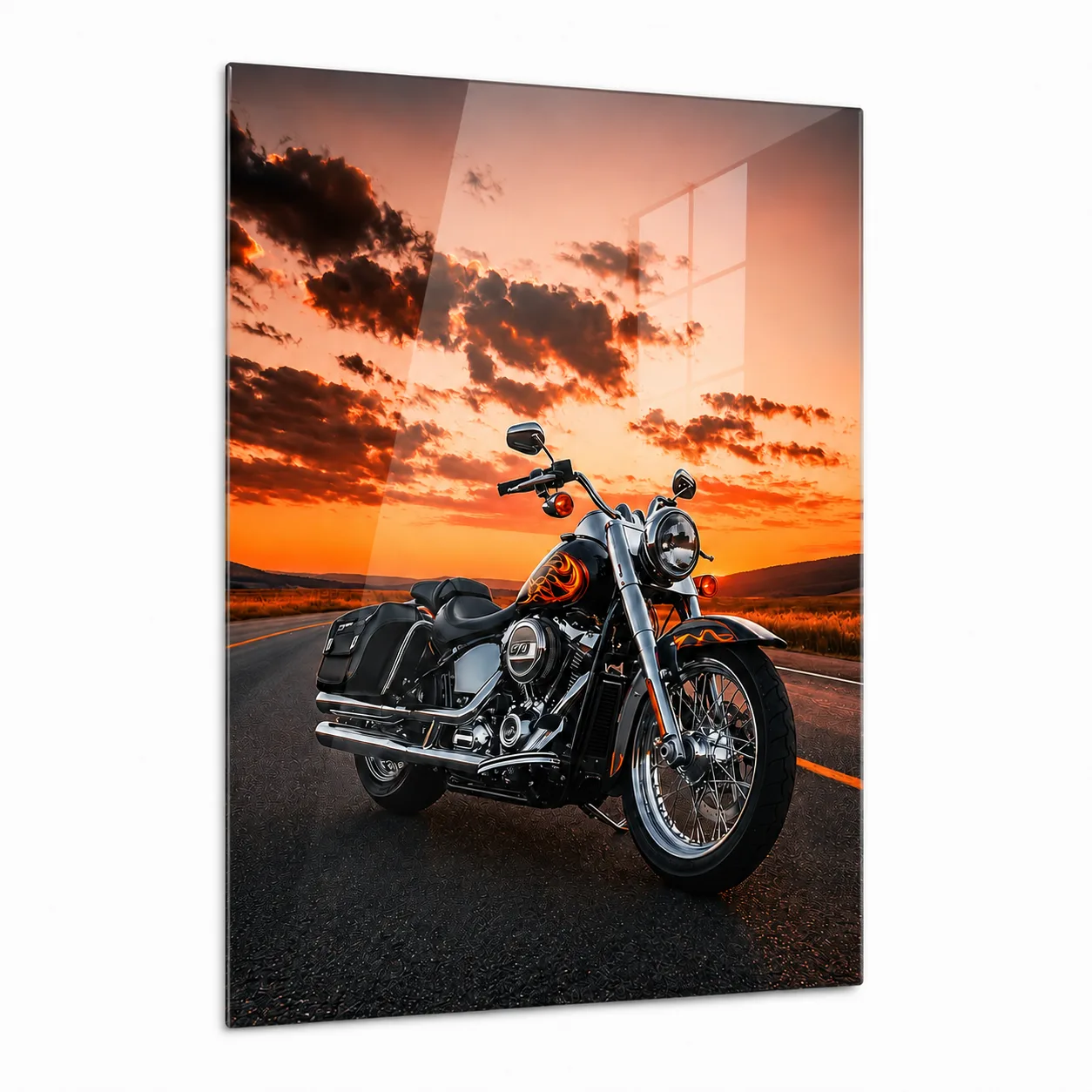 Gün Batımı Yolu ve Krom Detaylı Harley Davidson Motosiklet Temalı Dikey Cam Tablo