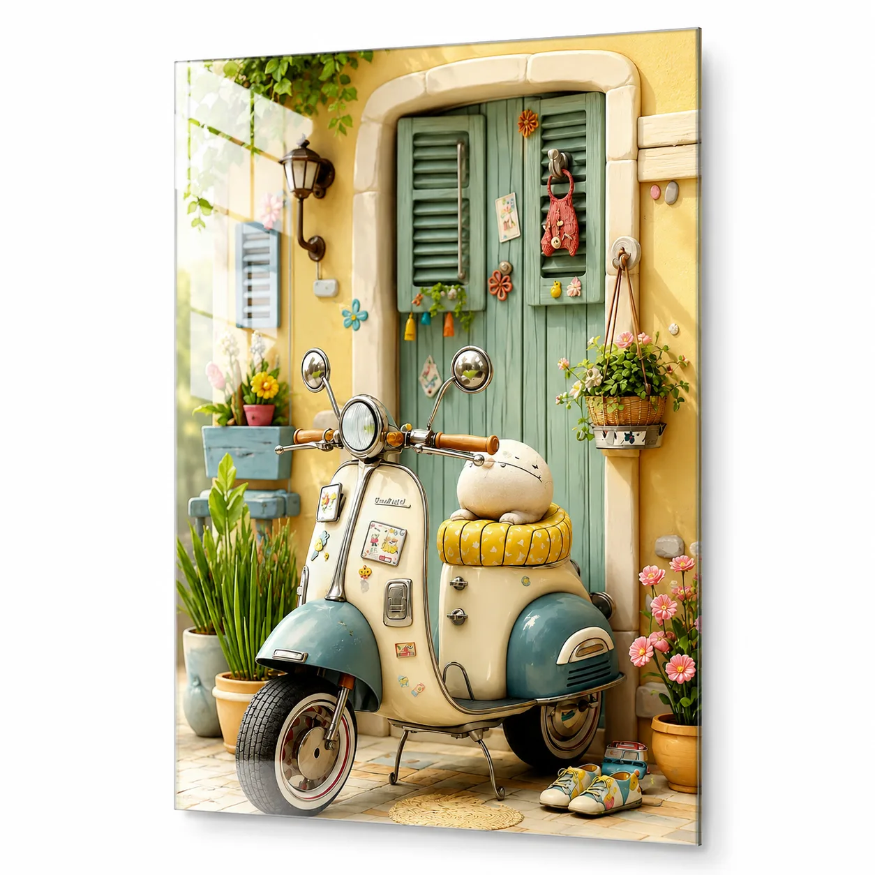 Neşeli Sokak ve Scooter Temalı Pastel Tonlarda Dikey Cam Tablo