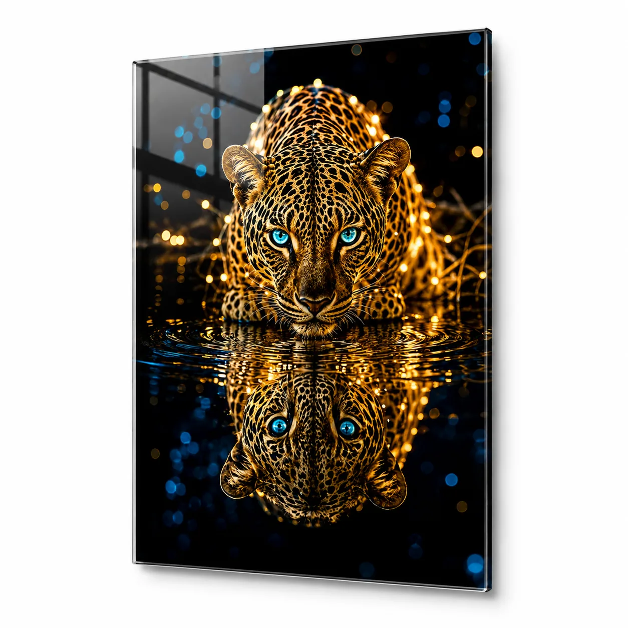 Büyülü Kış Gecesi Leoparı Temalı Işıltılı Dikey Cam Tablo