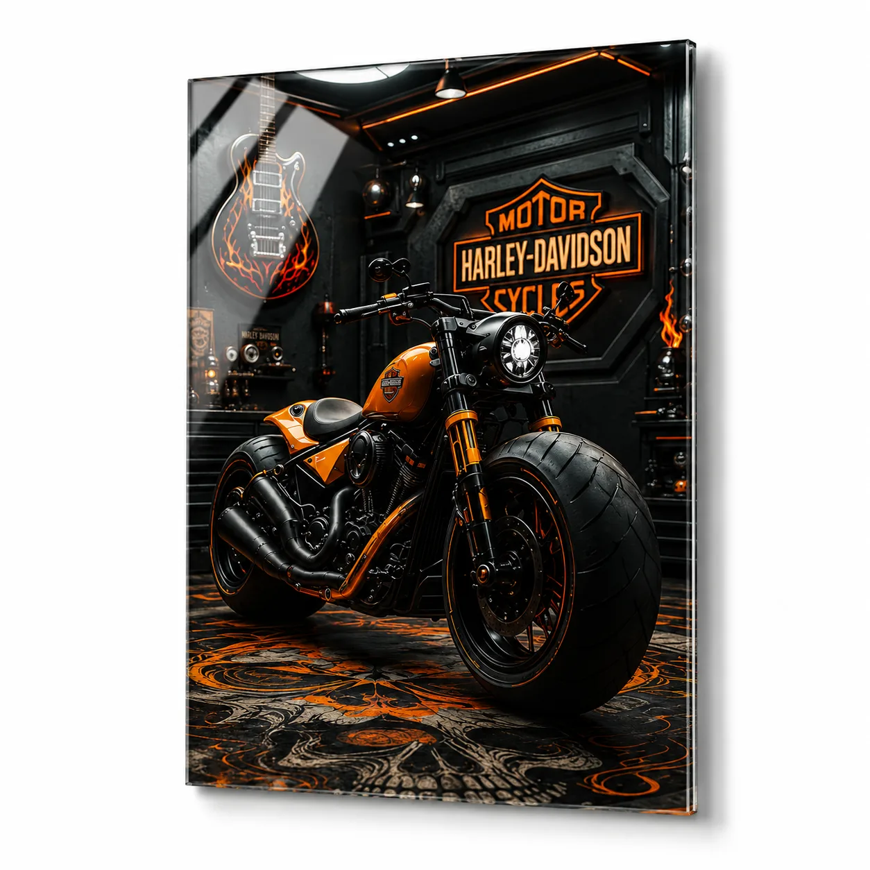 Harley Davidson Tutkusu: Turuncu Motosiklet ve Atölye Temalı Dikey Cam Tablo