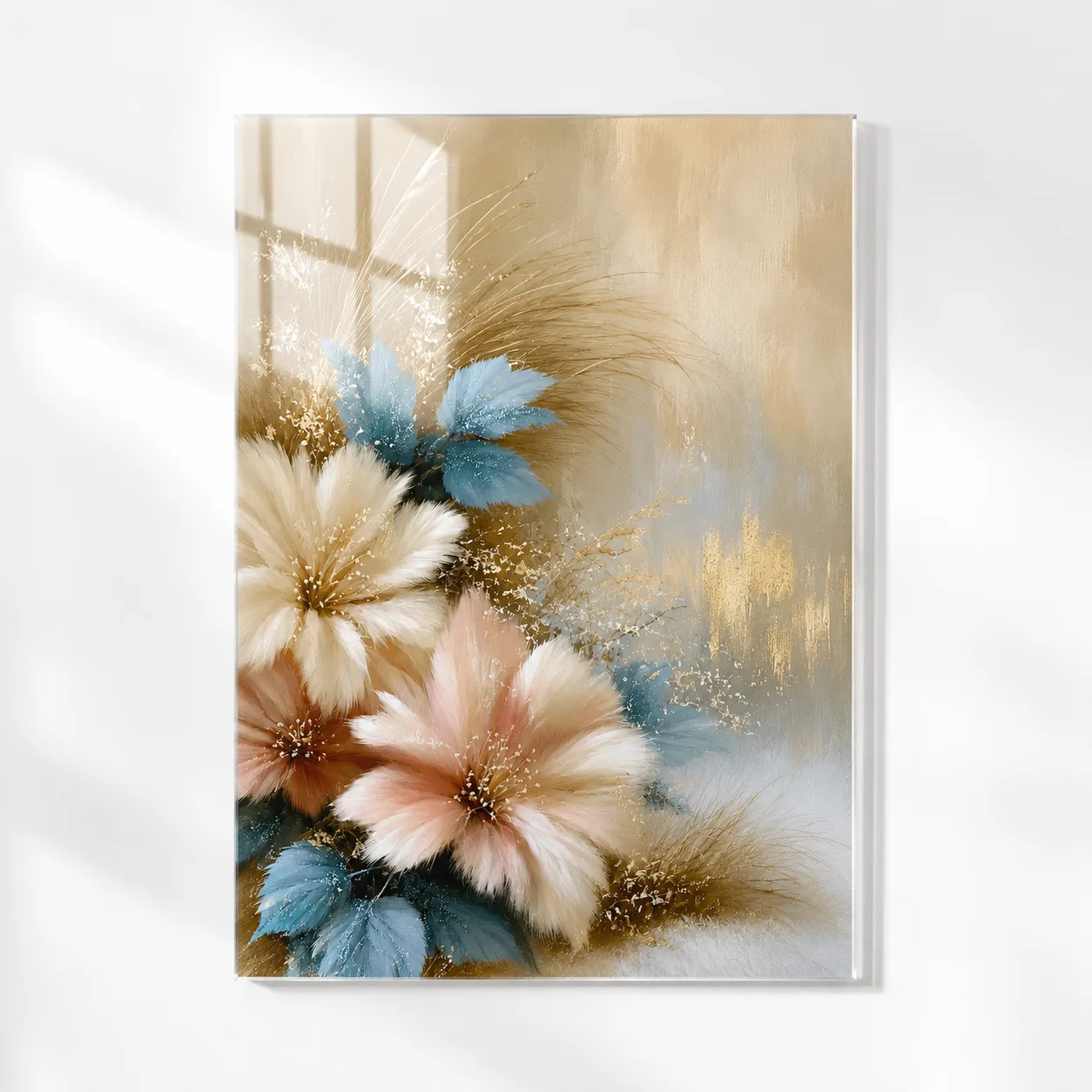 Pastel Tonlarda Çiçek Buketi Temalı Dikey Cam Tablo