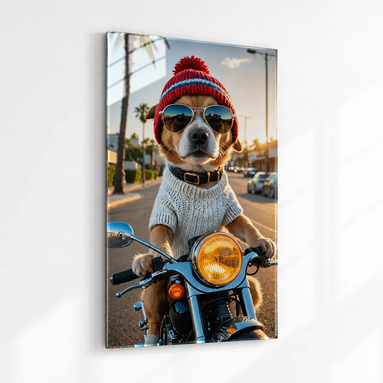 Havalı Bereli ve Gözlüklü Motosikletli Köpek Temalı Dikey Cam Tablo
